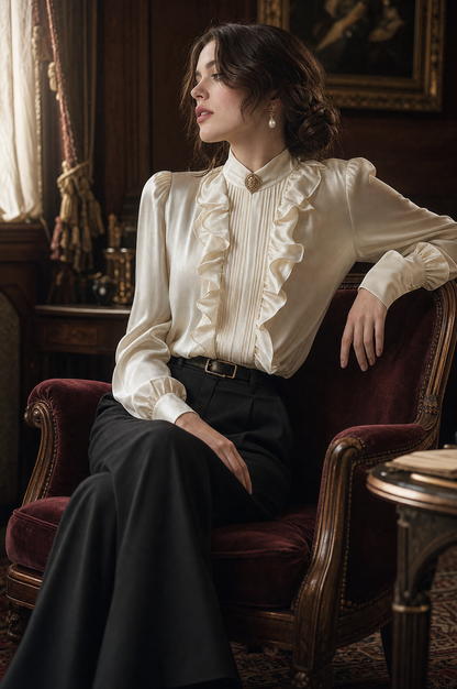 Vintage Stand Collar Off-white Velvet Blouse With Ruffle Trim