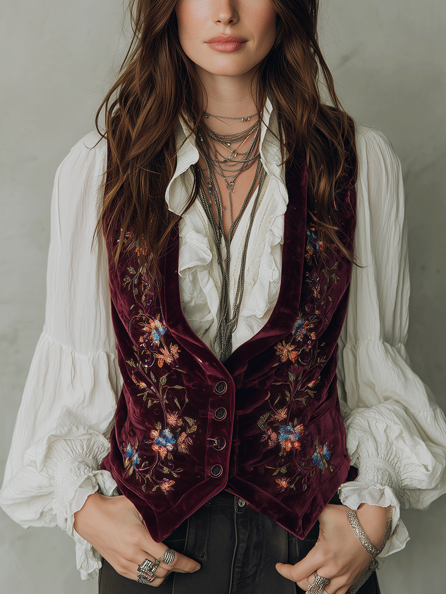 Burgundy Embroidered Velvet Vest