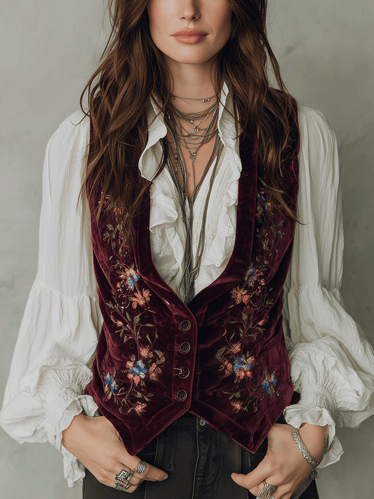 Burgundy Embroidered Velvet Vest