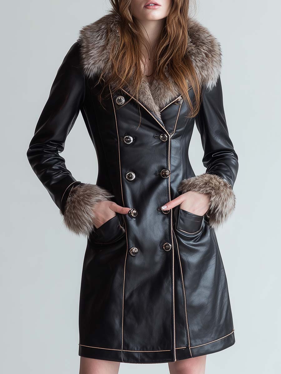 Vintage Black Eco-Leather Fitted Coat With Detachable Faux Fur Collar
