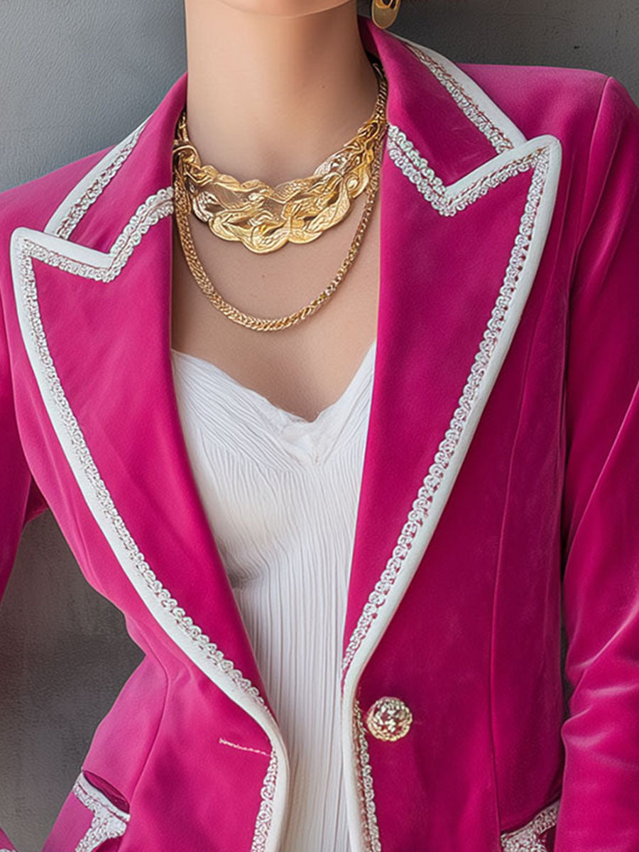 Luxe Tailored Hot Pink Velvet Blazer With White Lace Trim