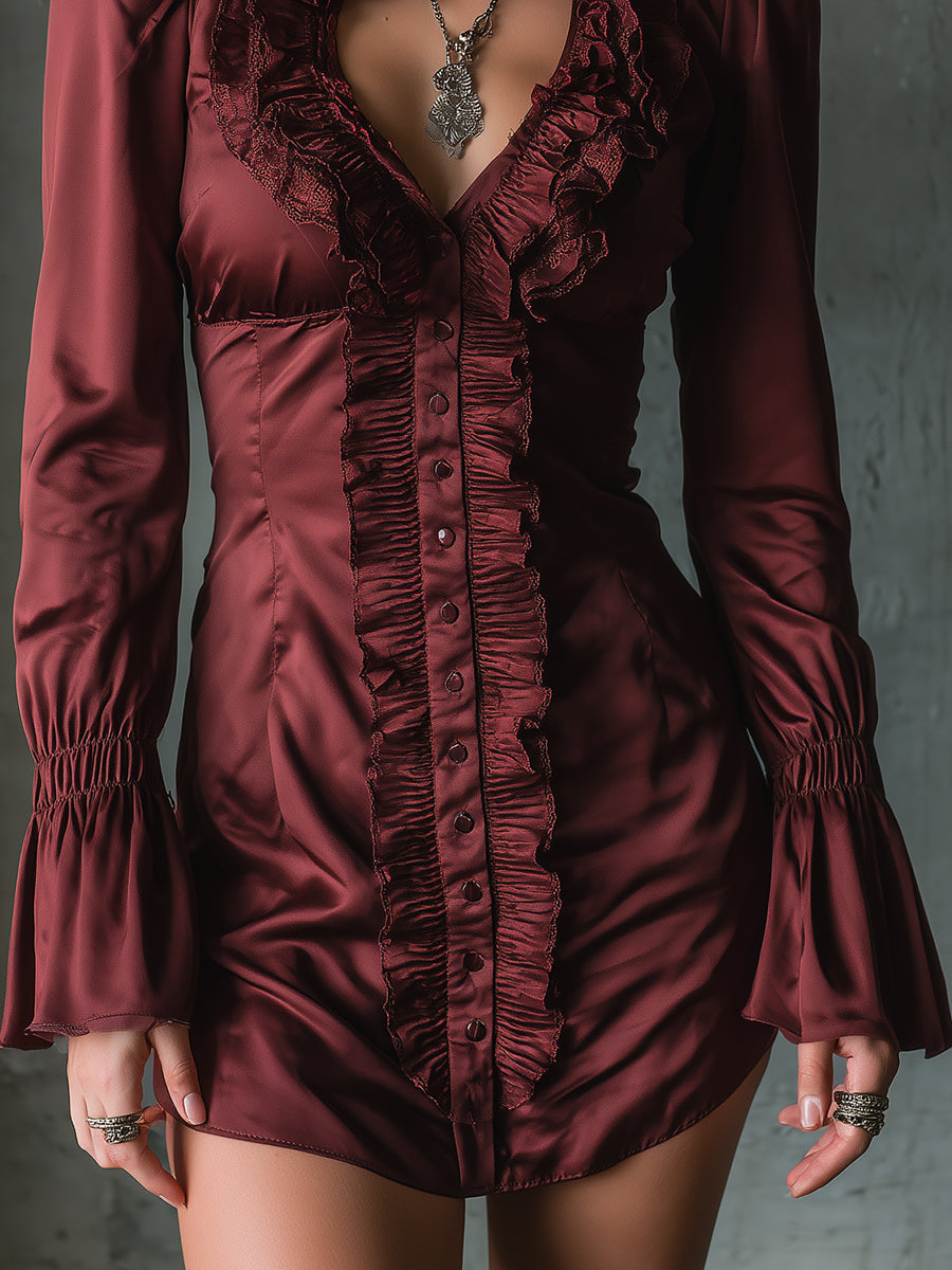 Elegant Retro Matte Satin Ruffled Mini Dress