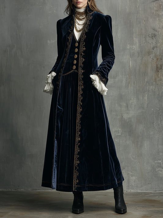 Retro Luxury Polyester Velvet Embroidered A-line Mid-length Coat