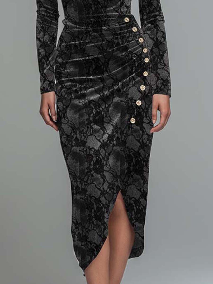 Velvet-Lace Bodycon Midi Dress With Side Buttons