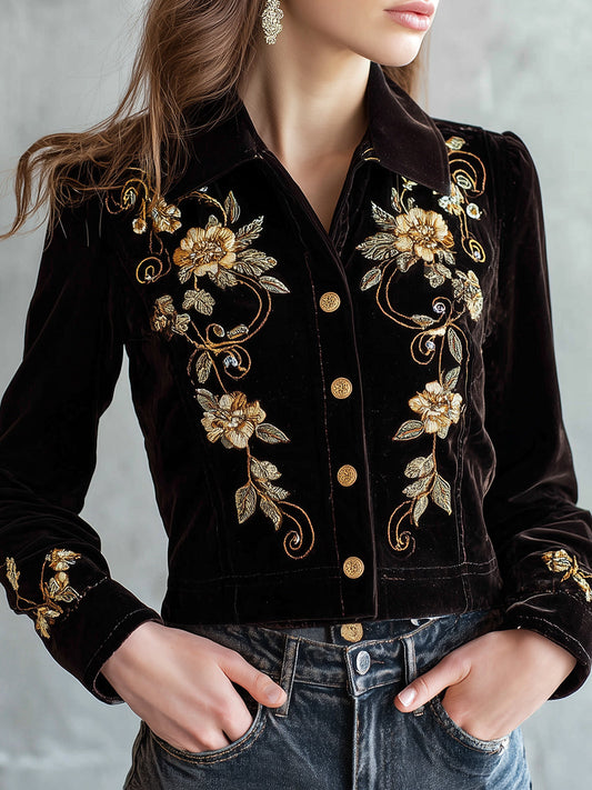 Retro Baroque Floral Embroidered Dark Brown Velvet Jacket