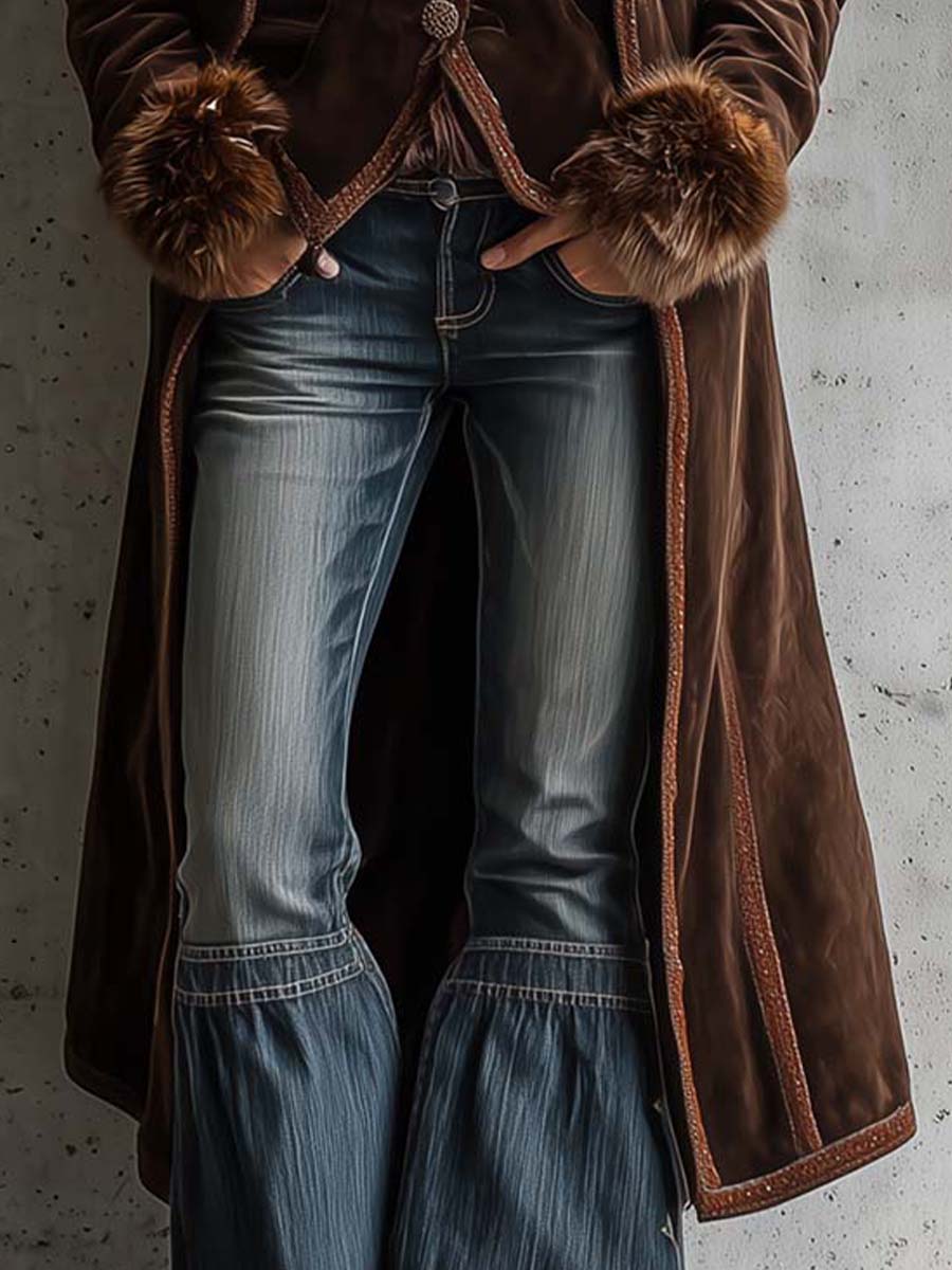 Brown Microfiber Suede Maxi Coat With Faux Fur Trim