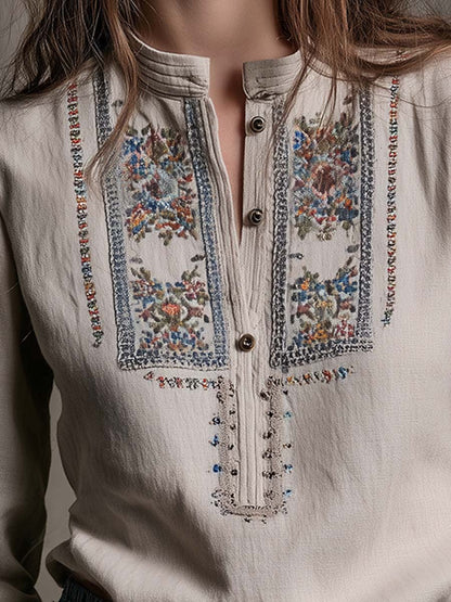 Vintage Embroidered Boho Linen Blouse