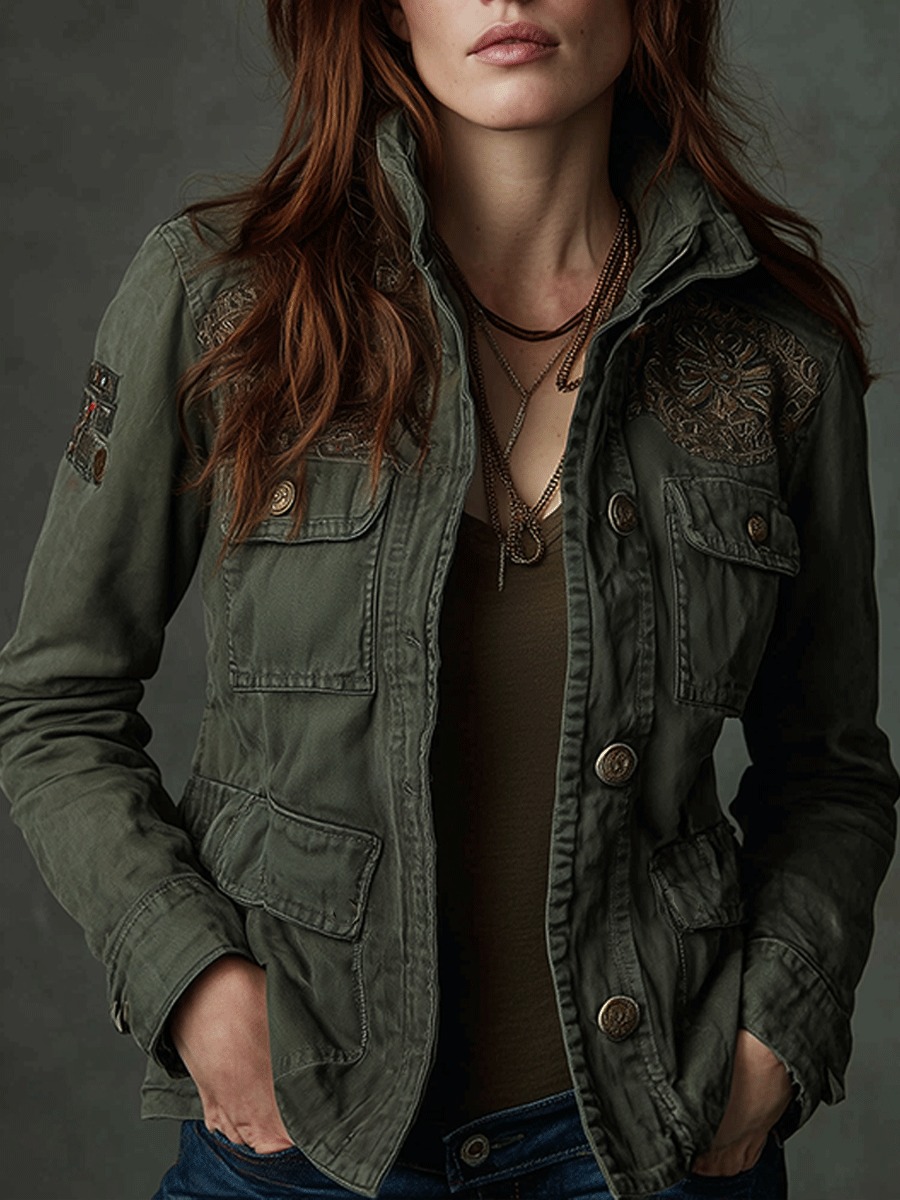 Bohemian Utility Embroidered Workwear Cotton Jacket
