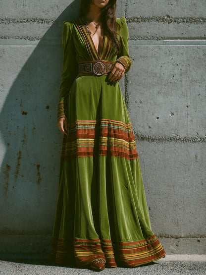 Boho Olive Green Velvet Striped Hem Maxi Dress