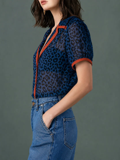 Blue Leopard Print Contrast Red Trim Lapel Sheer Chiffon Short Sleeve Blouse