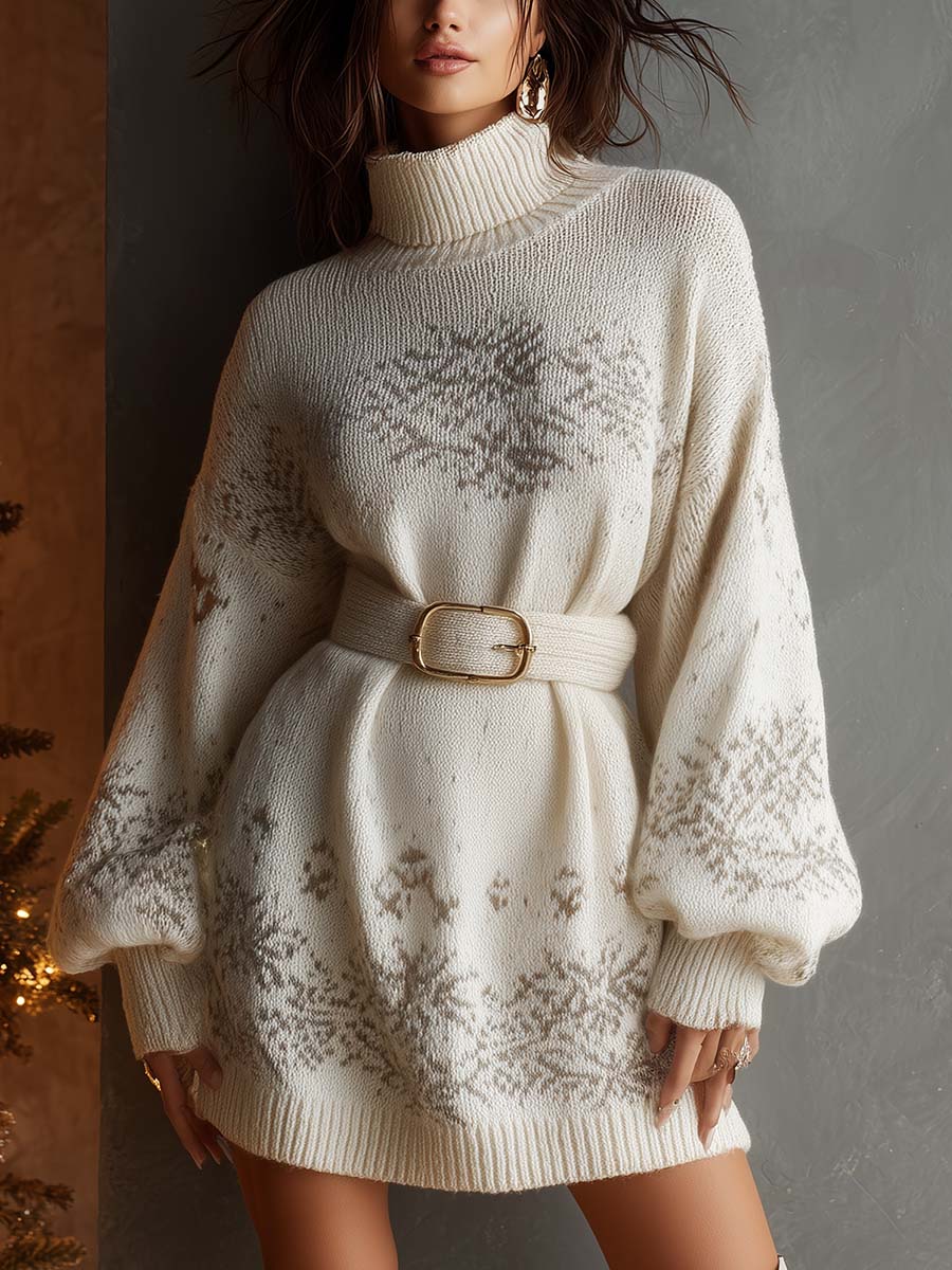 Snowflake Knit Sweater Dress With Belt