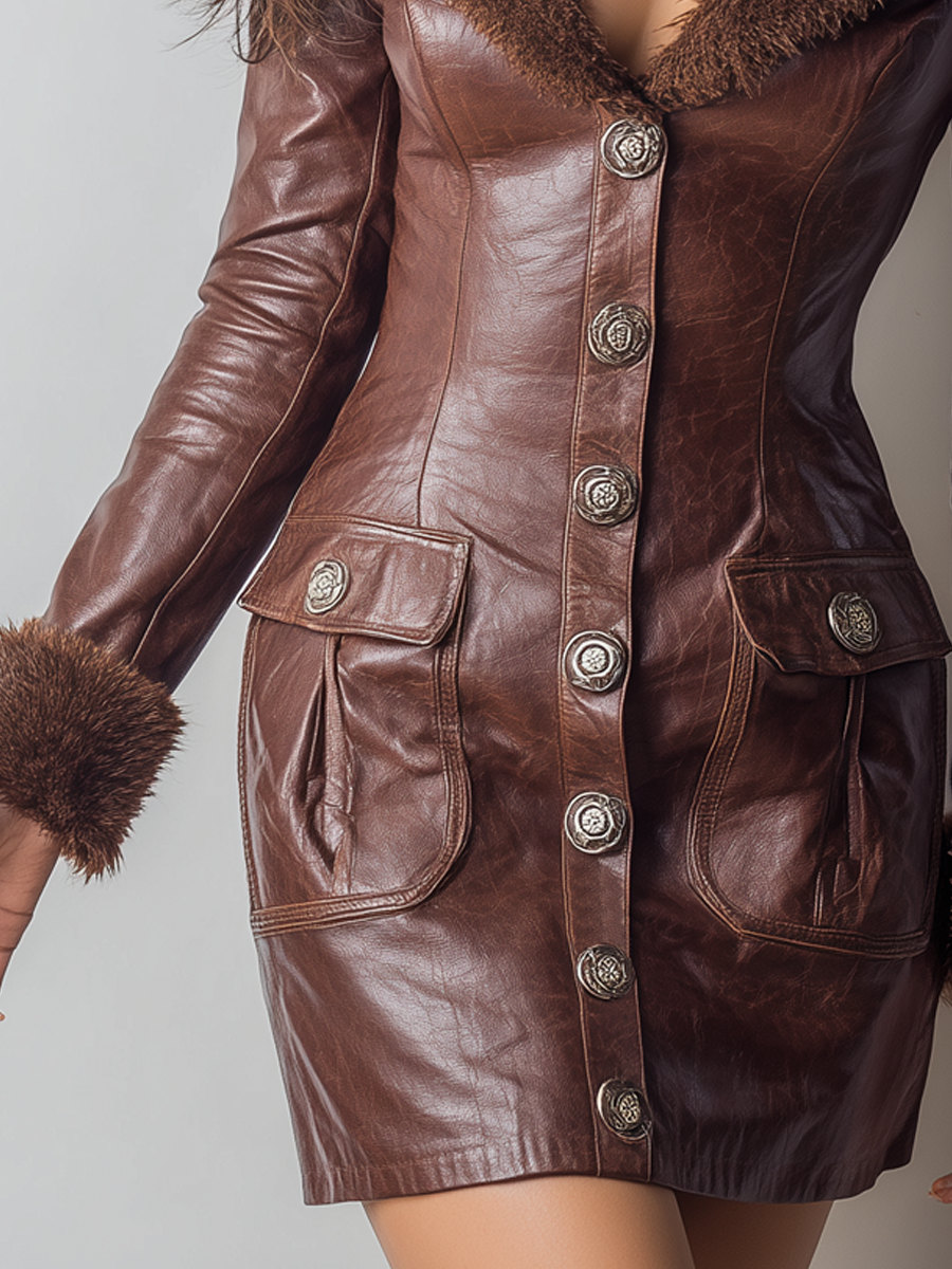 Retro Faux Fur Collar Eco-leather Mini Dress