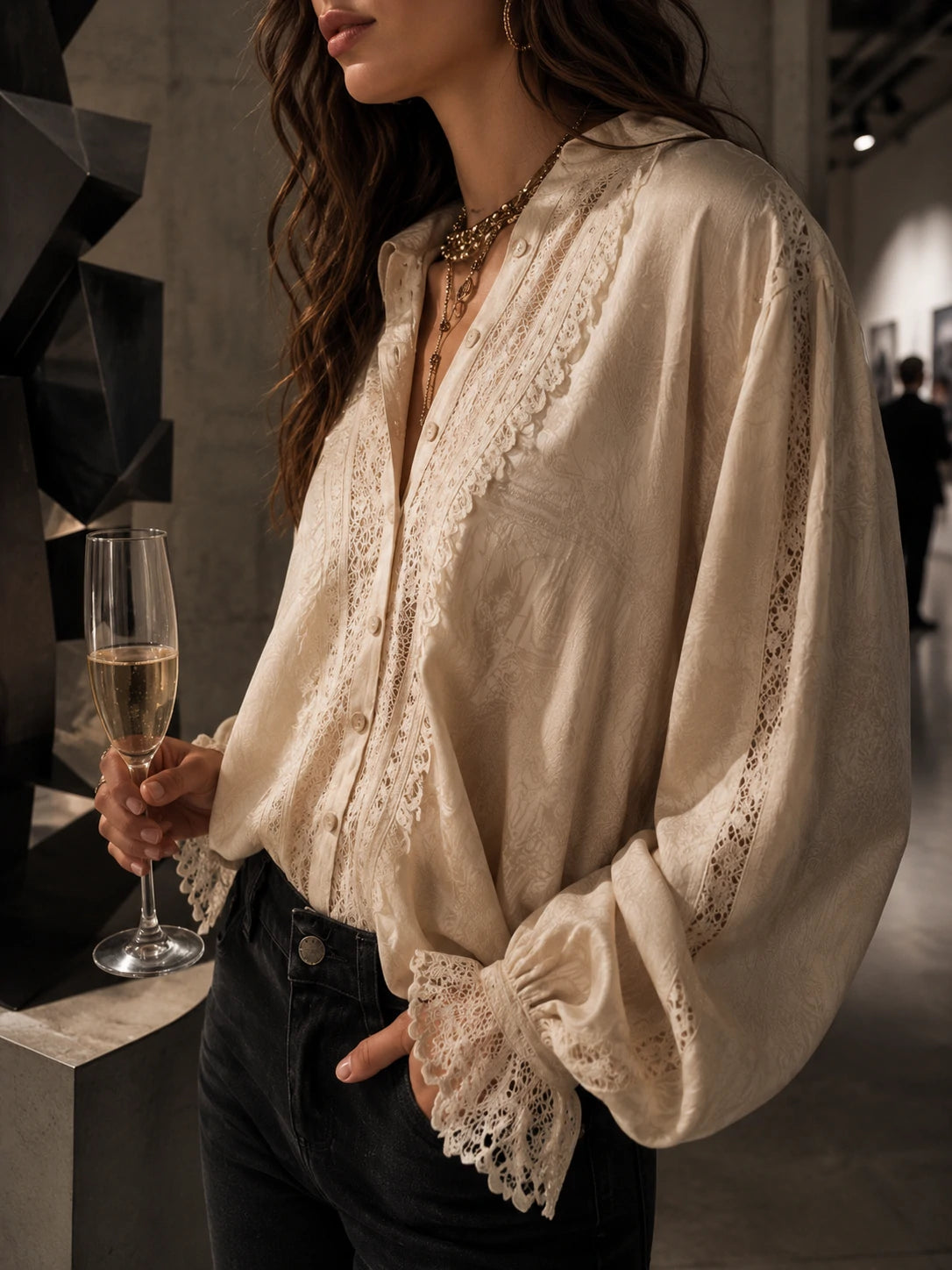 Romantic Victorian-Inspired Cream Print Lace Blouse