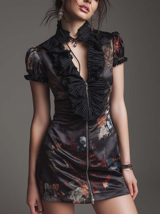 Dark Floral Ruffle Zip-Front Mini Dress