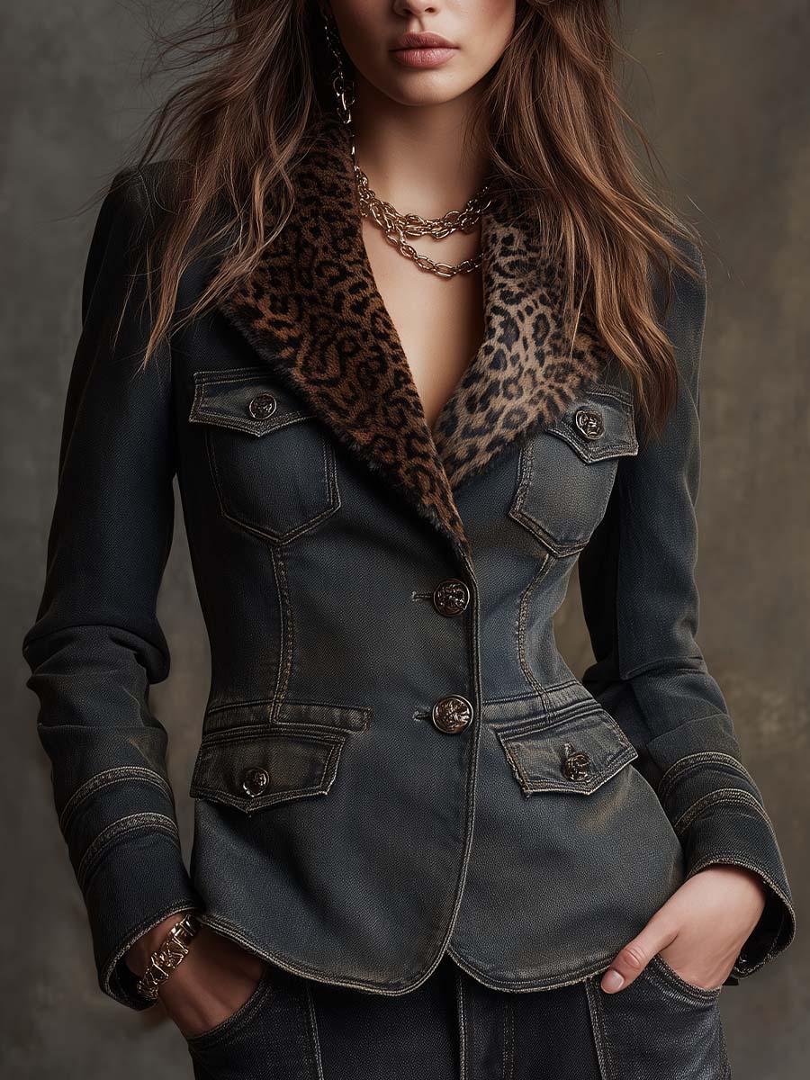 Washed Denim-Effect Suede Blazer With Leopard Faux Fur Collar