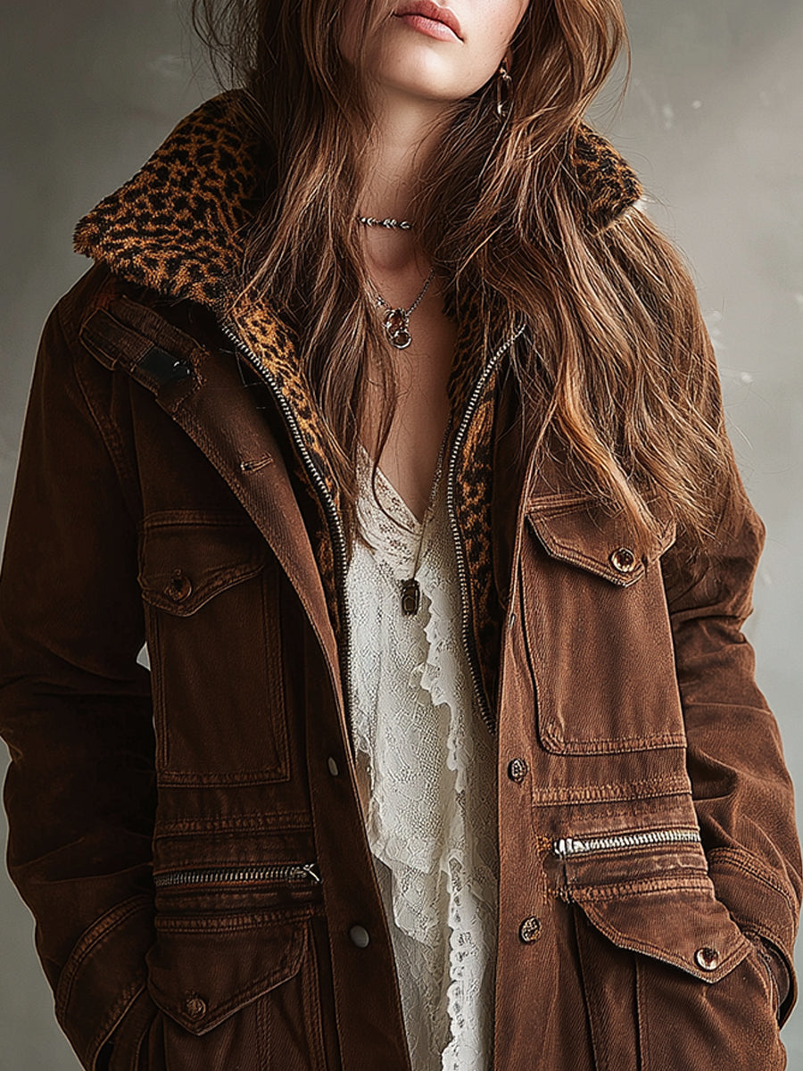 Vintage Washed Detachable Leopard Print Faux Fur Collar Denim Jacket