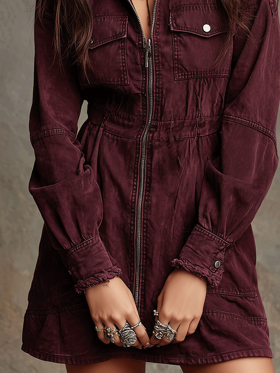 Vintage Burgundy Utility Zip-Front Shirt Mini Dress
