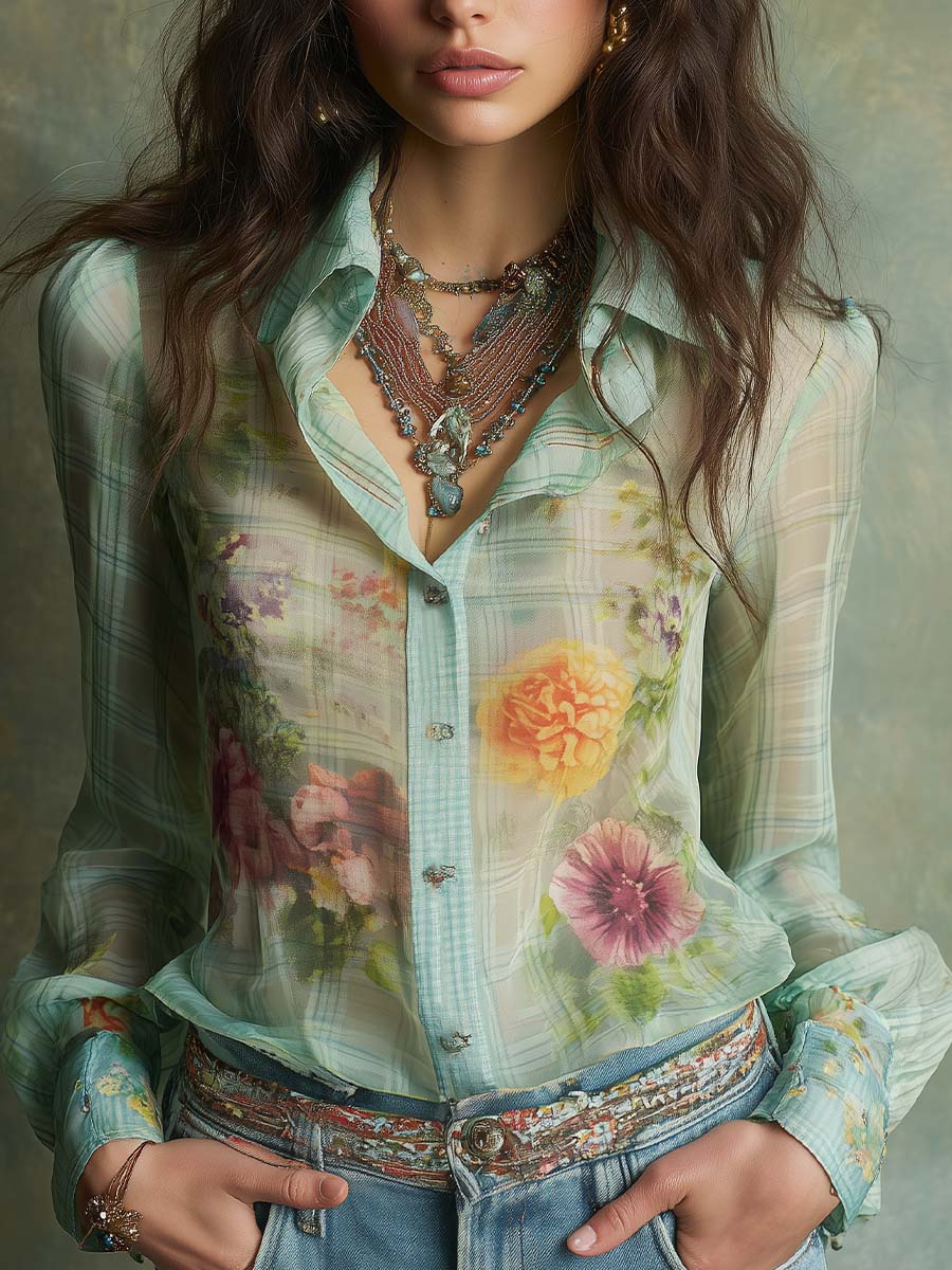 Vintage Boho Sheer Floral Plaid Blouse