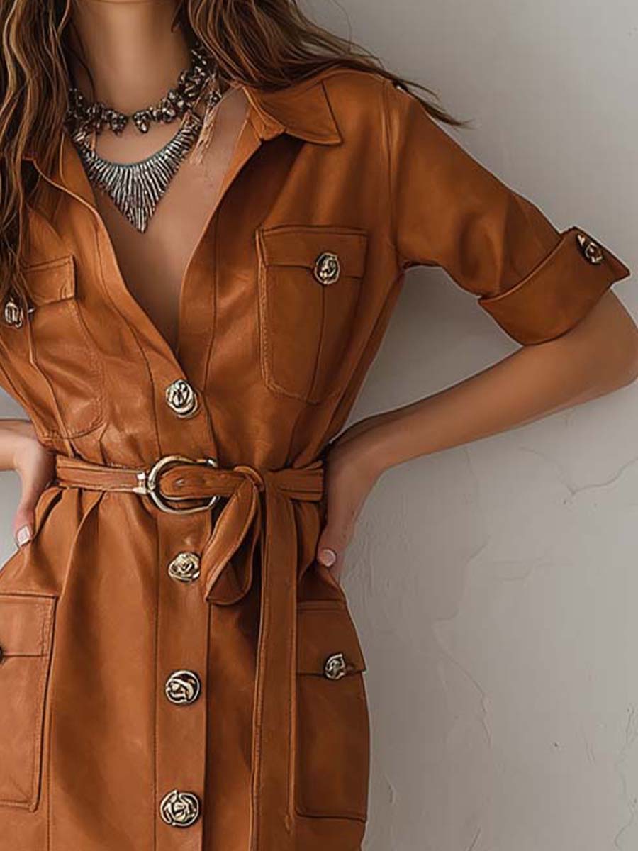 Structured Button Eco-Leather Straight Belted Dress