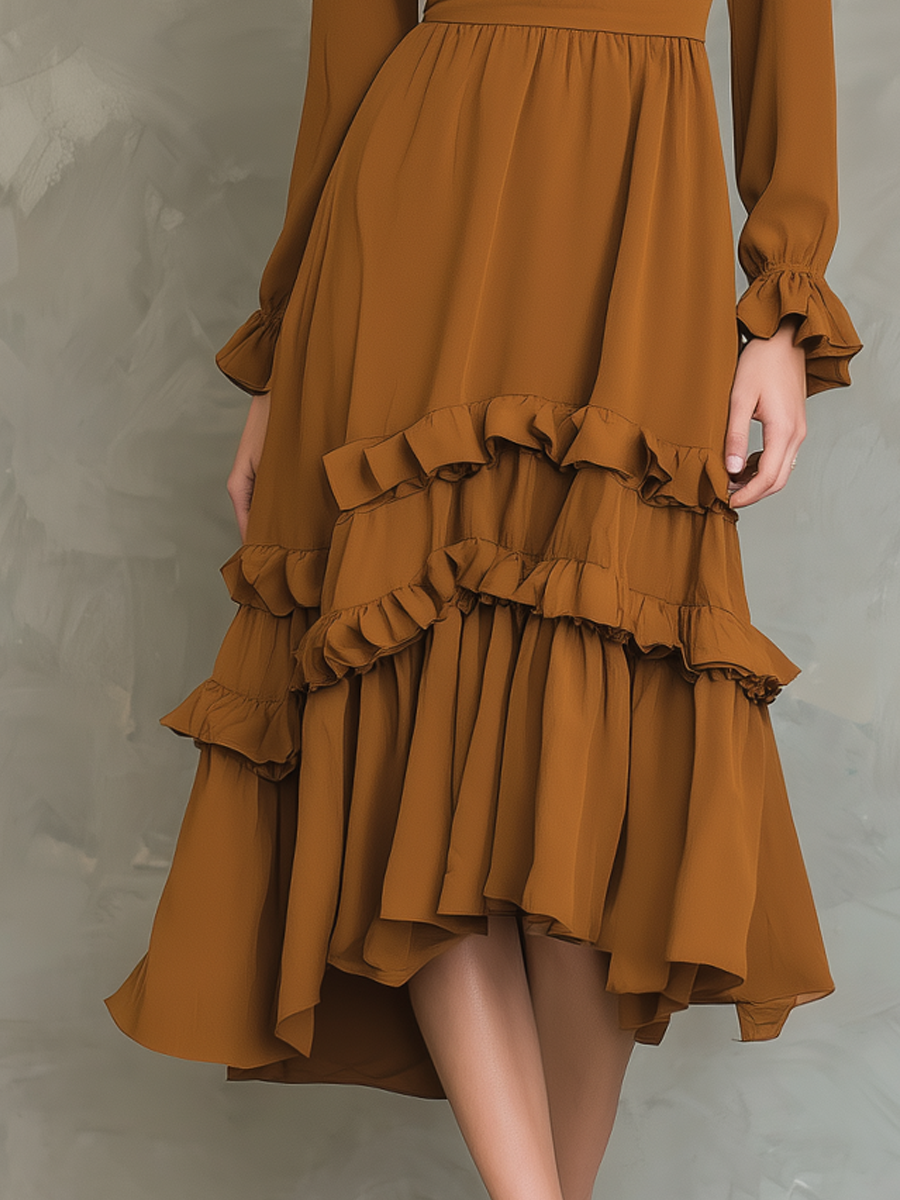 Retro Ruffle Neck Long-sleeved Midi Dress