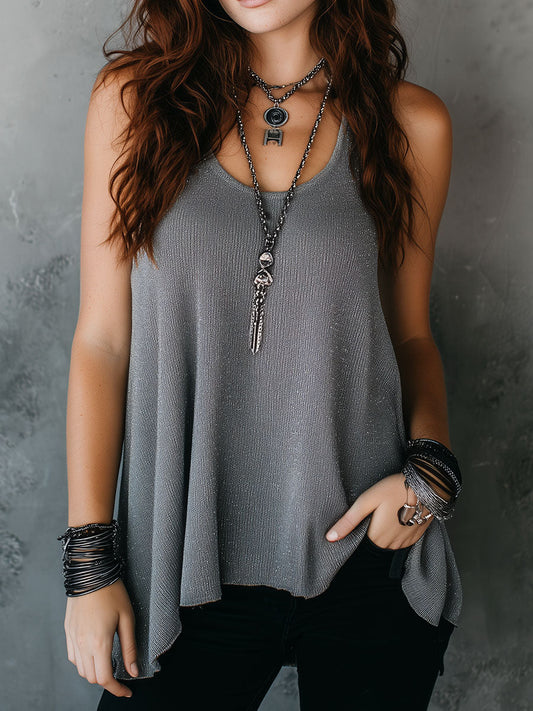 Silver Grey Shimmer Sleeveless Relaxed Fit Flowing Tank Top