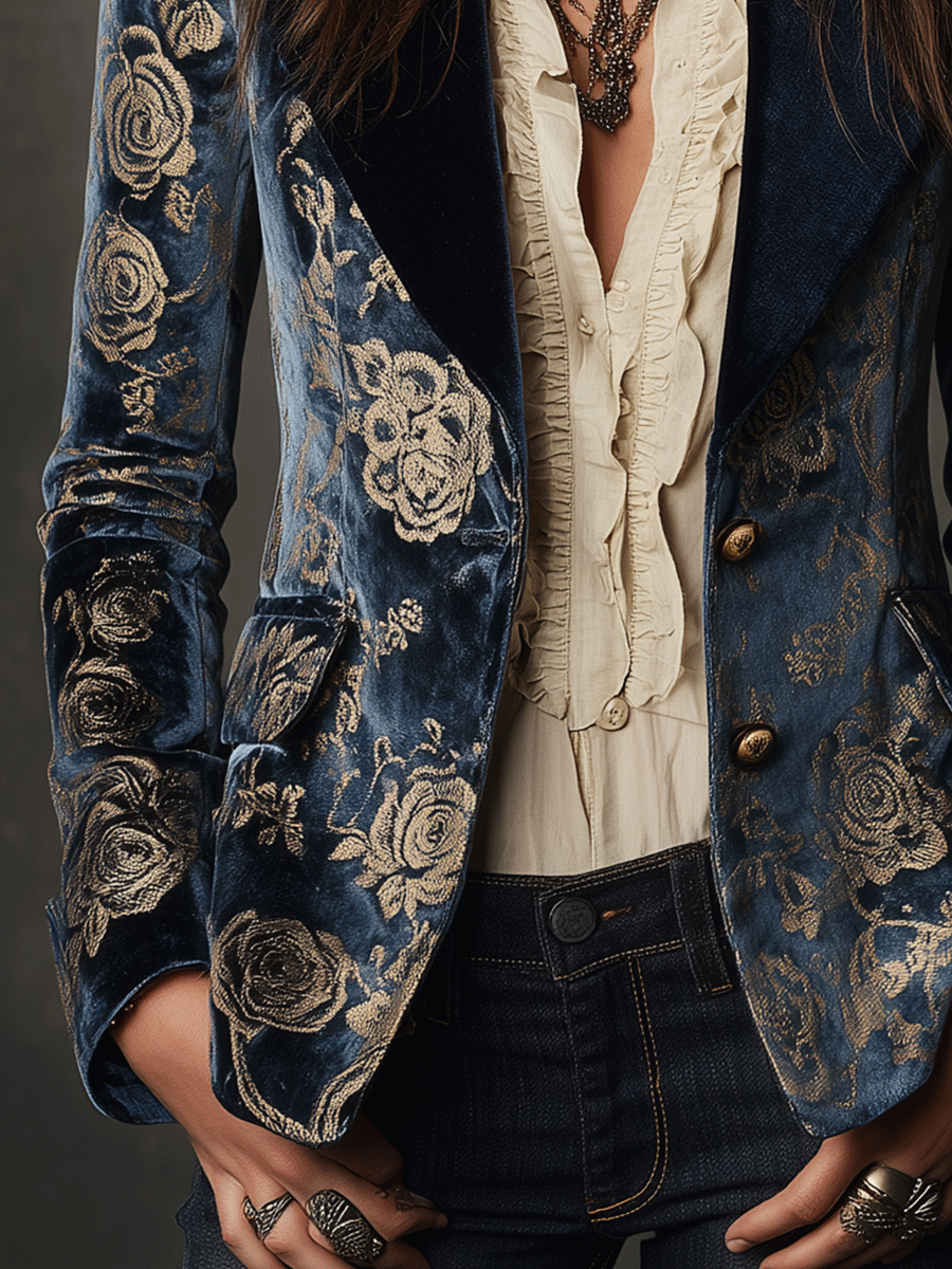 Baroque-Inspired Navy Velvet Floral Blazer
