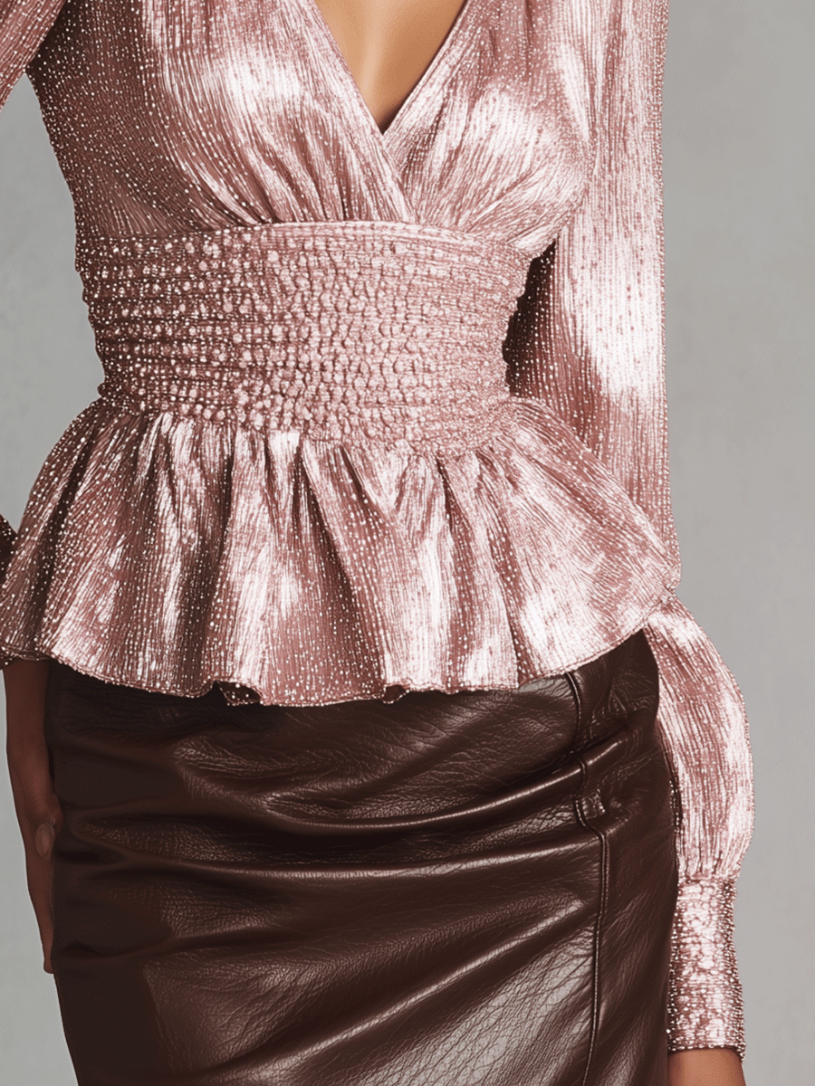 Elegant Rose Pink Metallic Pleated Peplum Blouse