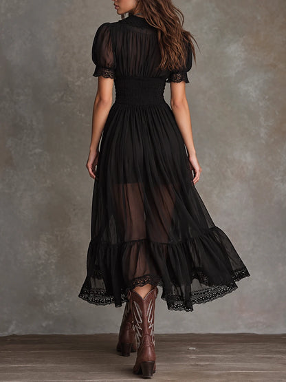 Retro Lace-Trimmed Shirt Chiffon Midi Dress