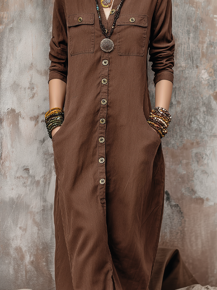 Vintage Distressed Pocket Long-sleeved Shirt Dress