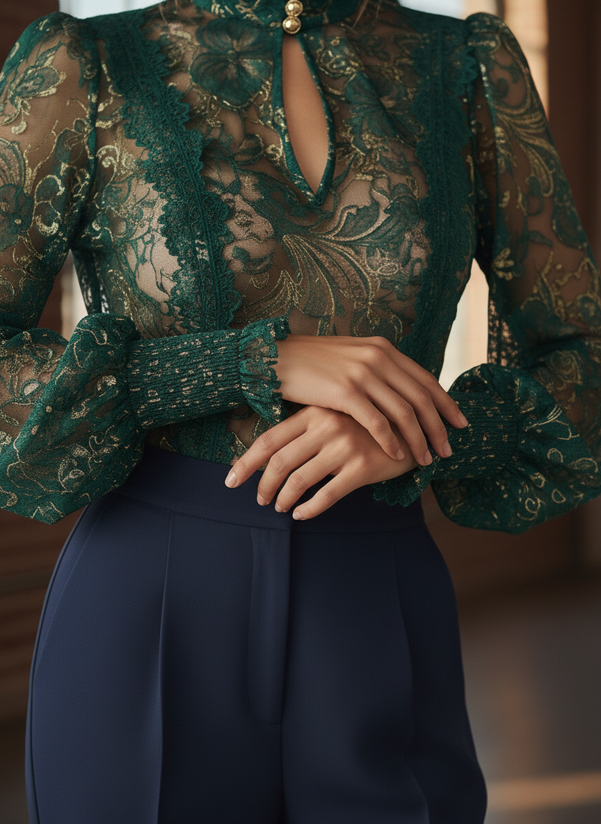 Emerald Green Gold Lace Sheer High-Neck Blouse with Keyhole Detail