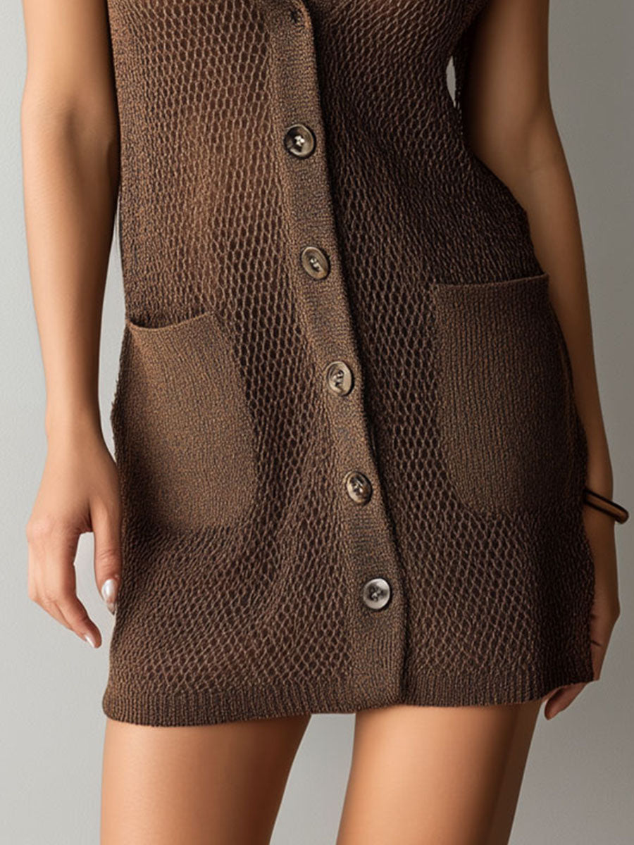 Quiet Luxury Chocolate Textured Knit Sleeveless Mini Dress