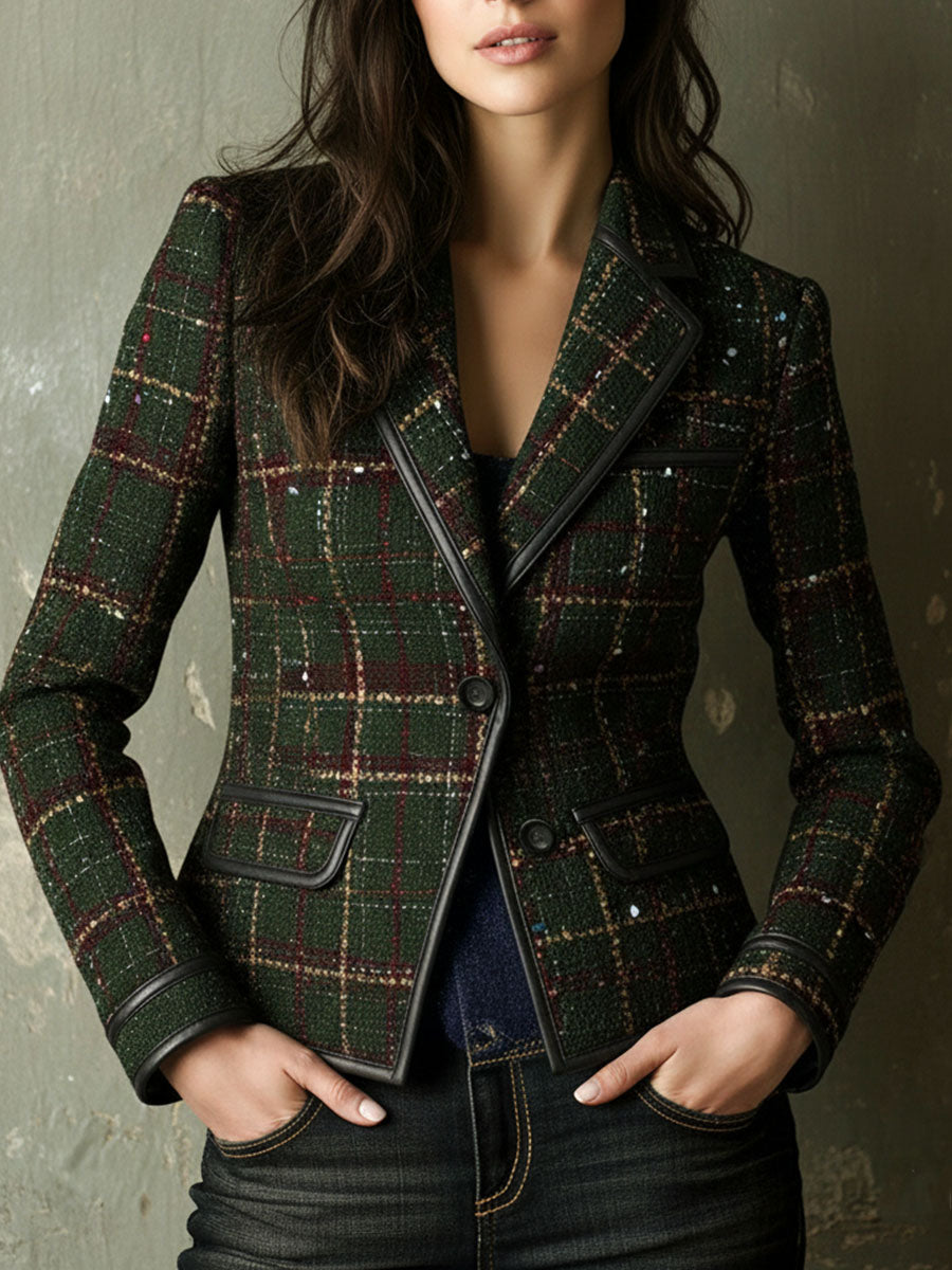 Classic British Plaid Tweed Blazer With Eco Leather Trim