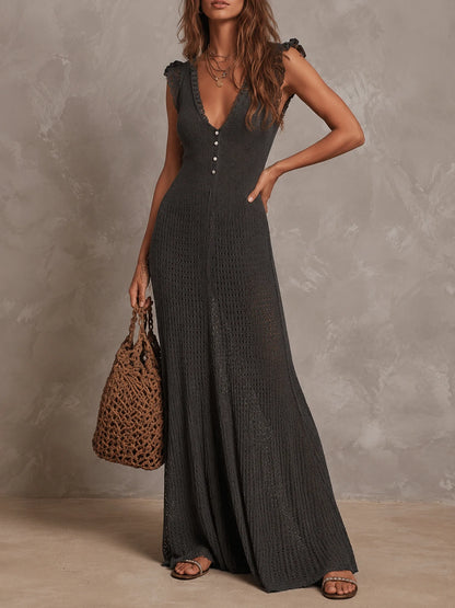 Retro Flutter Sleeves Flare Hem Knitted Maxi Dress