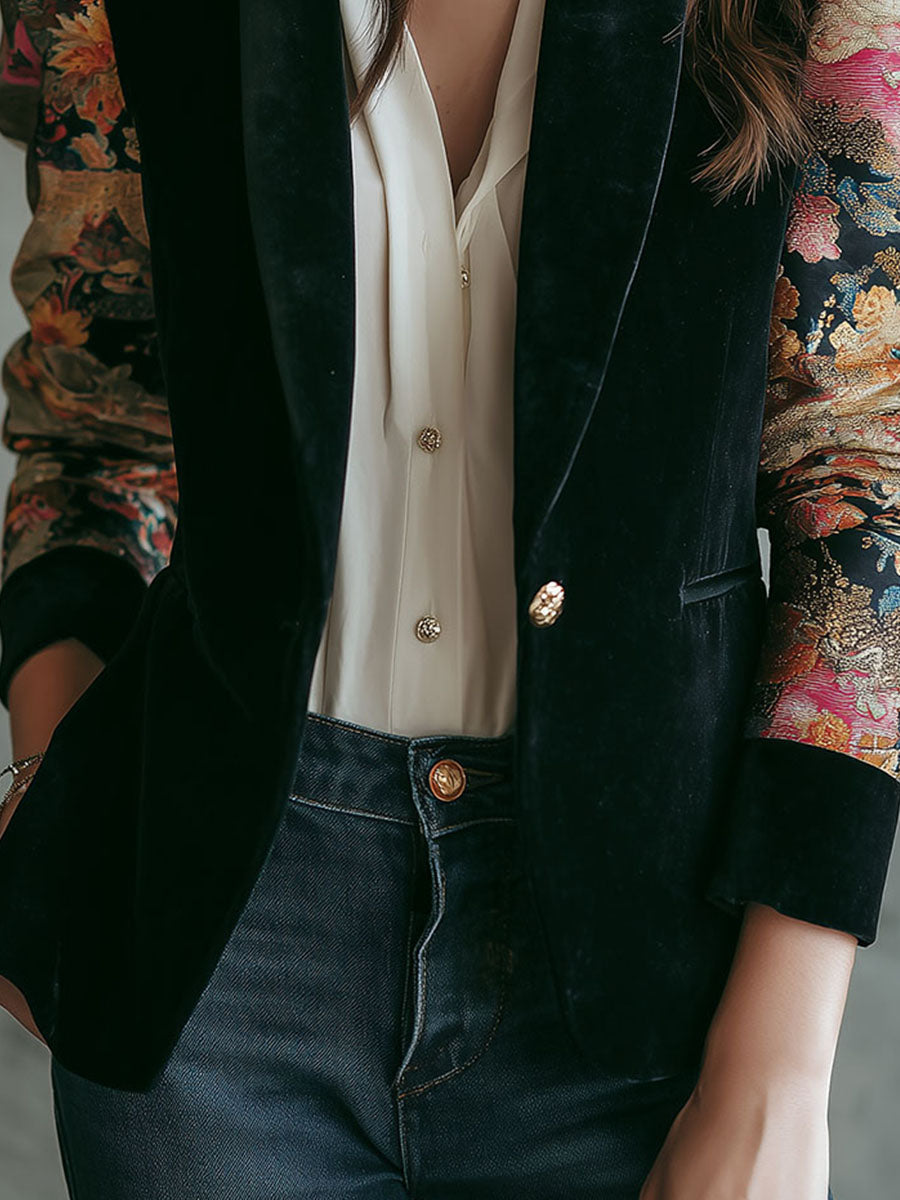 Elegant Contrast Velvet Blazer With Print Patterned Sleeves