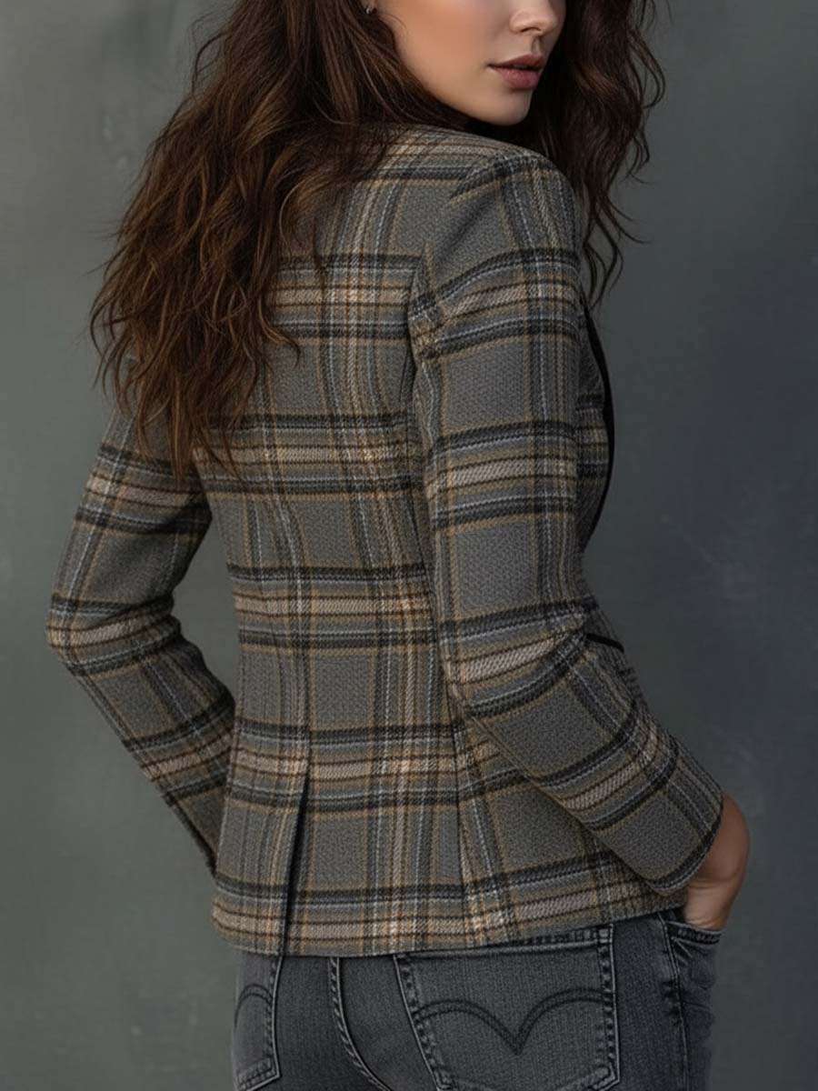 Wool-Blend Plaid Blazer With Velvet Lapel – Camel Gray Check