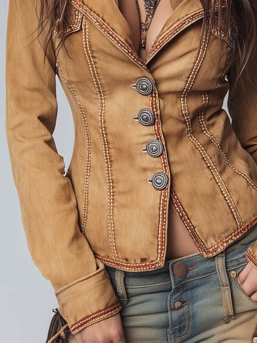 Slim-fit Vintage-style Washed Khaki Denim Jacket