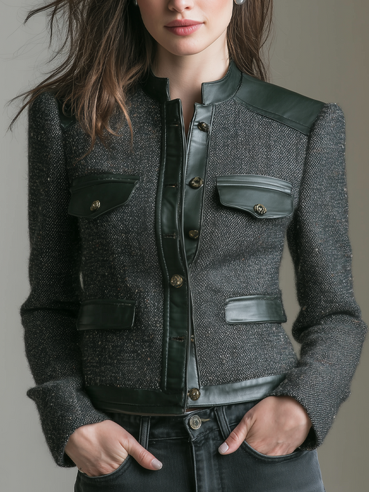 Vintage Eco-leather Trim Stand Collar Tweed Jacket