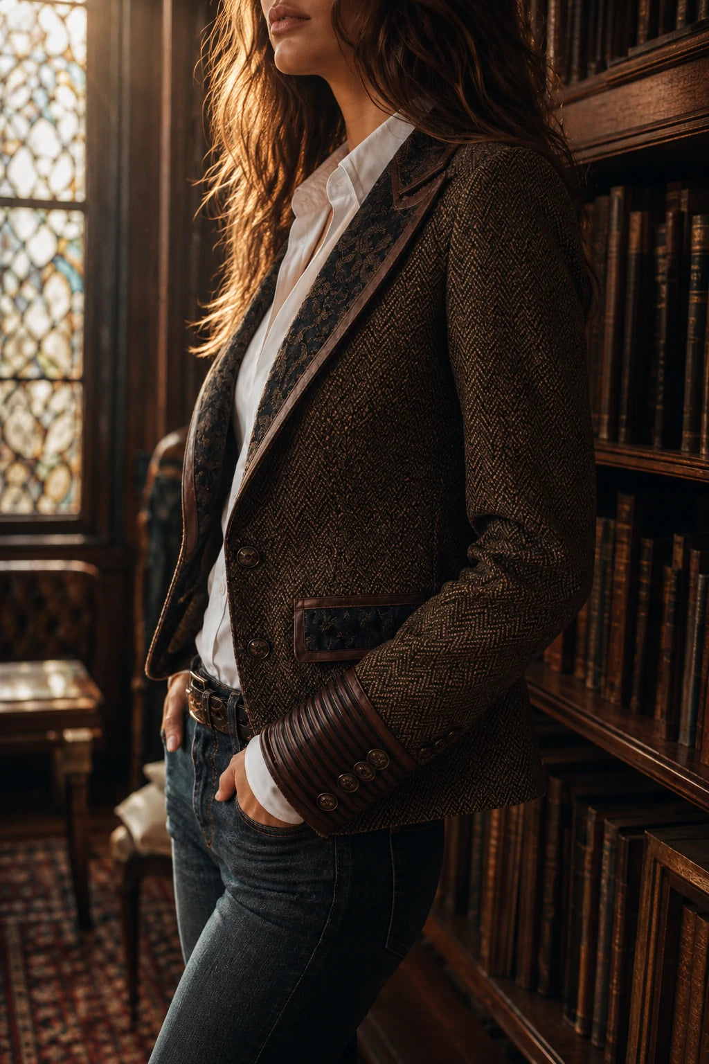 Herringbone Tweed Blazer With Printed Panels