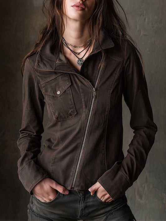 Bohemian Washed Denim Diagonal Placket Jacket