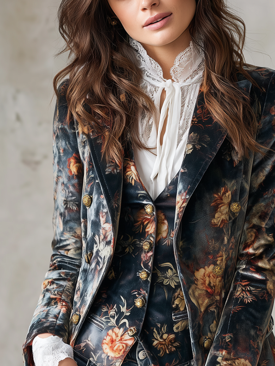 Vintage Floral Print Polyester Velvet Blazer