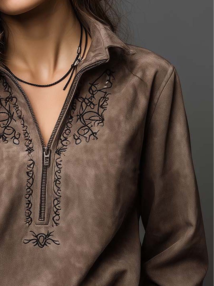 Vintage-Inspired Taupe Suede Embroidered Zip Top