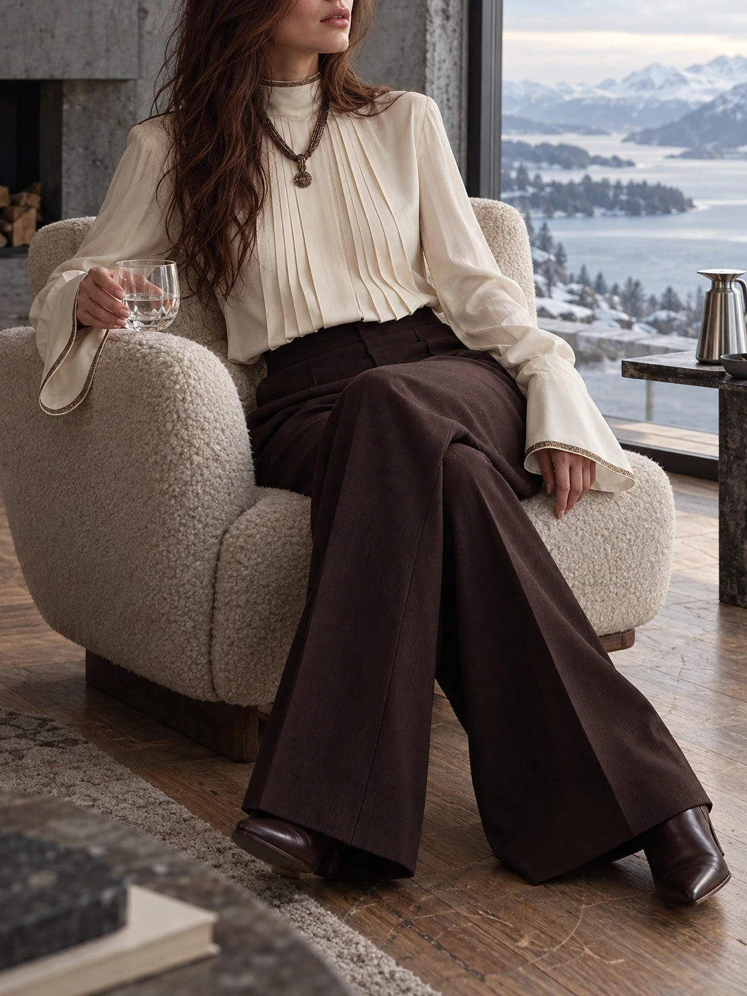 Pleated Front Blouse With Ribbon-Trimmed Collar And Cuffs