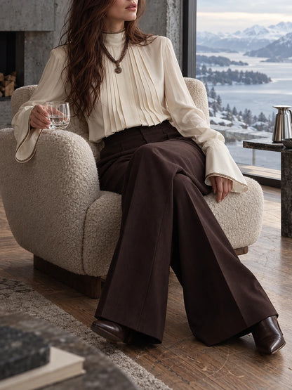 Pleated Front Blouse With Ribbon-Trimmed Collar And Cuffs