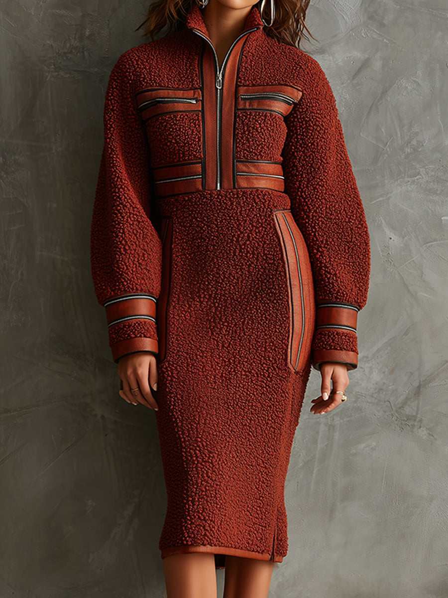 Boho Utility Elegance Polar Fleece Zip Midi Dress