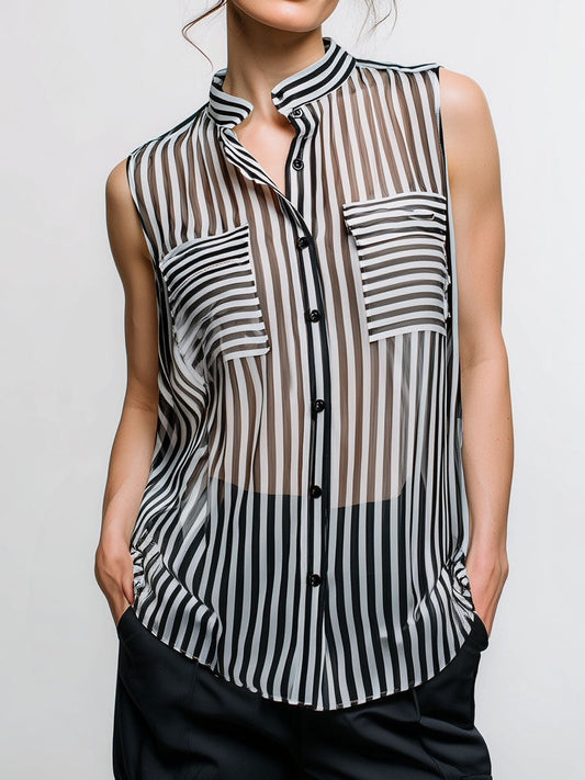 Stylish Black And White Sheer Vertical Stripe Mandarin Collar Blouse