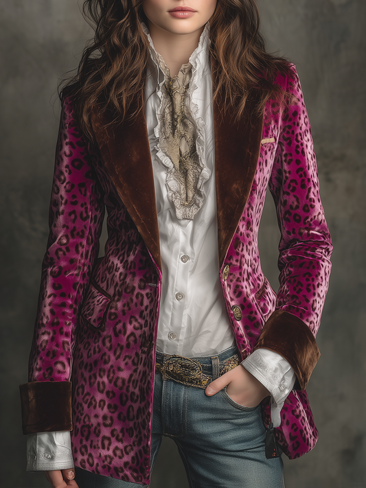Vintage Leopard Print Polyester Velvet Blazer