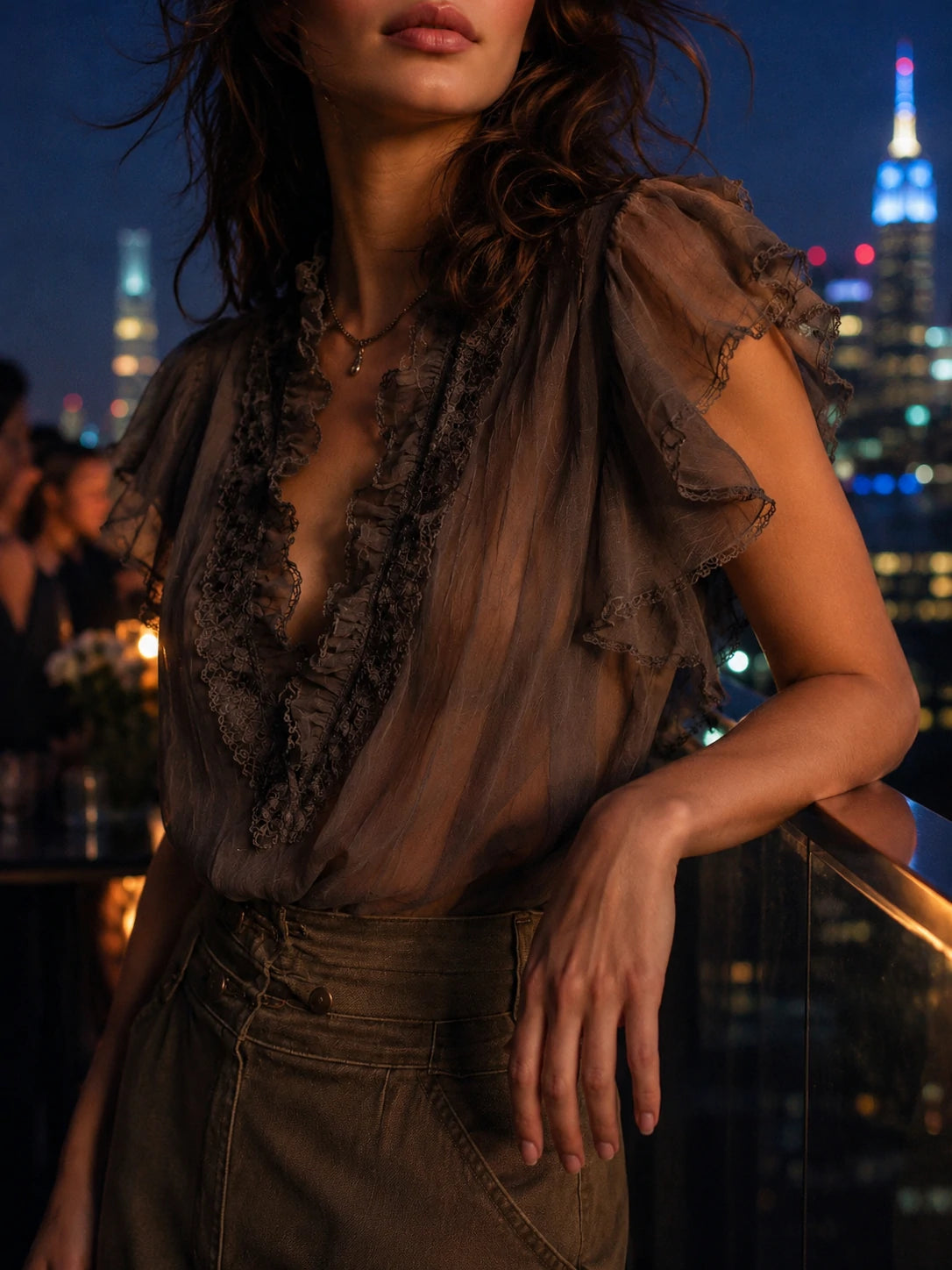 Mocha Brown Crinkled Chiffon Lace-Trimmed Flutter Sleeve Blouse
