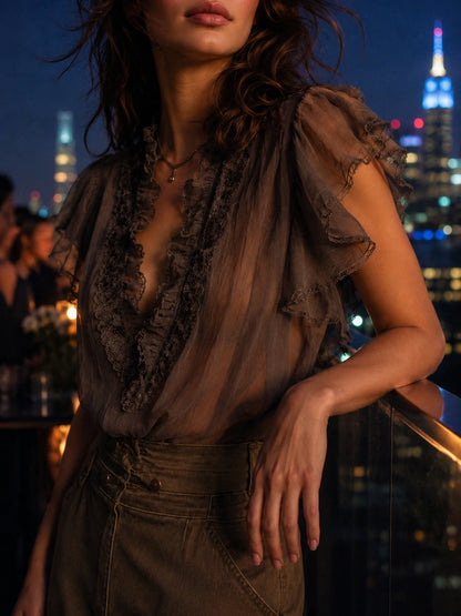 Mocha Brown Crinkled Chiffon Lace-Trimmed Flutter Sleeve Blouse