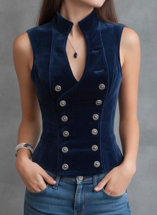 Vintage Stand Collar Button Velvet Vest