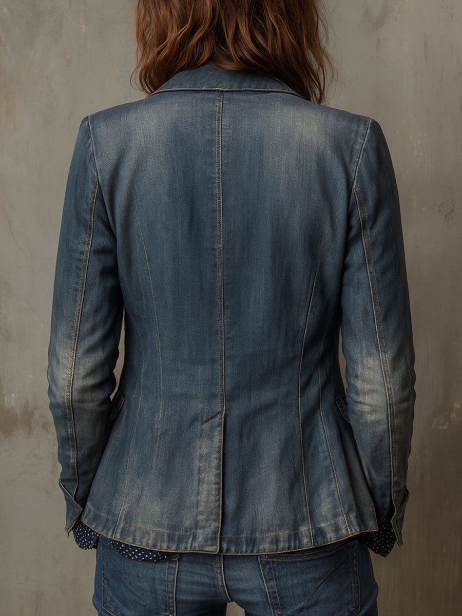 Retro Distressed Denim Vest & Flap Pocket Blazer Set